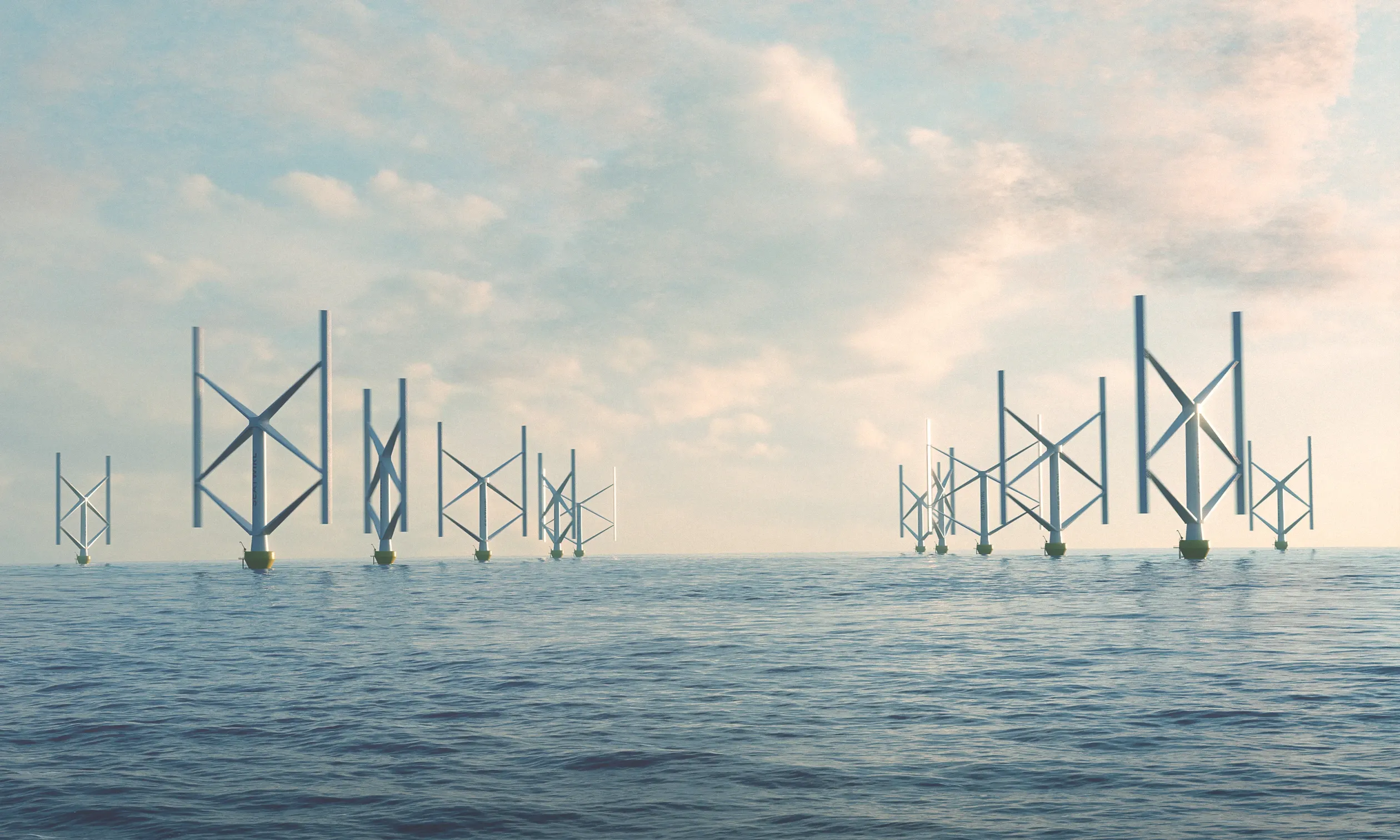 A wind farm with several of SeaTwirl’s floating vertical-axis wind turbines deployed at sea