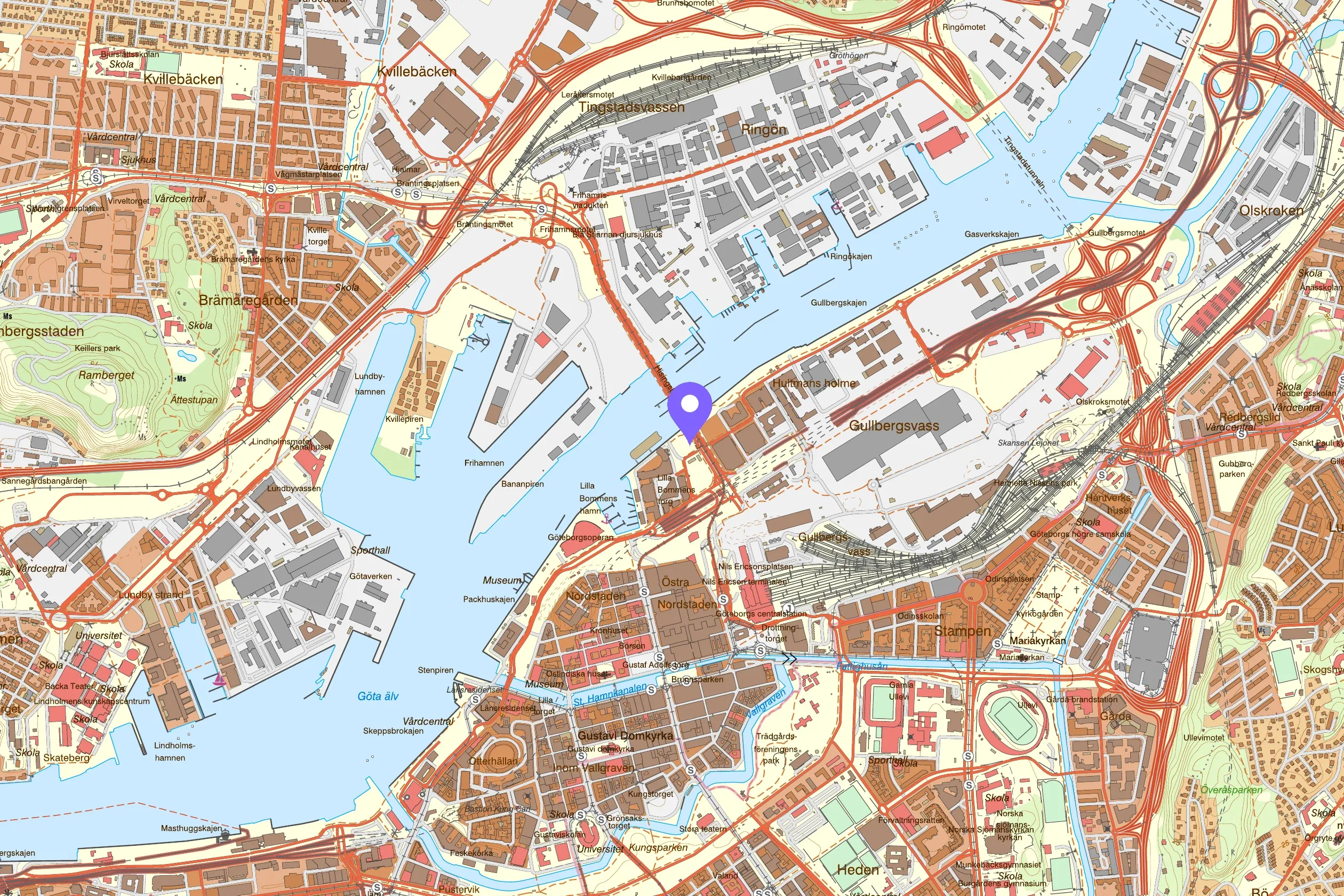 Map of central Gothenburg with the bend of the Göta älv river through the city, and a marker at Lilla Bommen 1 just south of the Hisingsbron bridge
