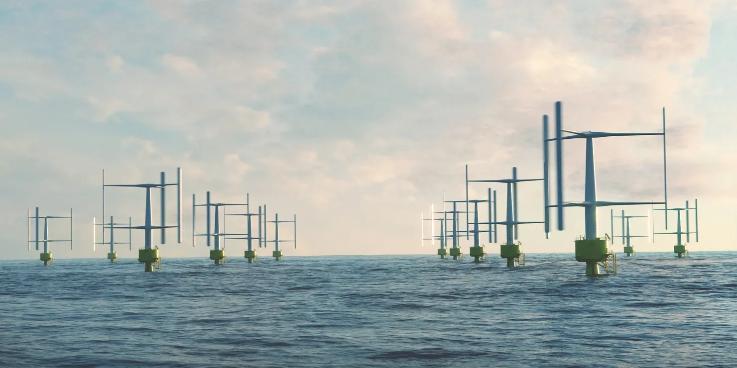 Visualisation of a farm of vertical-axis wind turbines in twilight