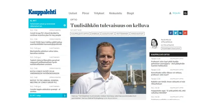 Skärmklipp av Kauppalehtis webbplats med artikeln »Tuulisähkön tulevaisuus on kelluva« och ett foto av Gabriel Strängberg vid vattnet