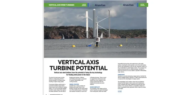 A newspaper spread with the headline “Vertical axis turbine potential” and a photograph of the prototype in the archipelago