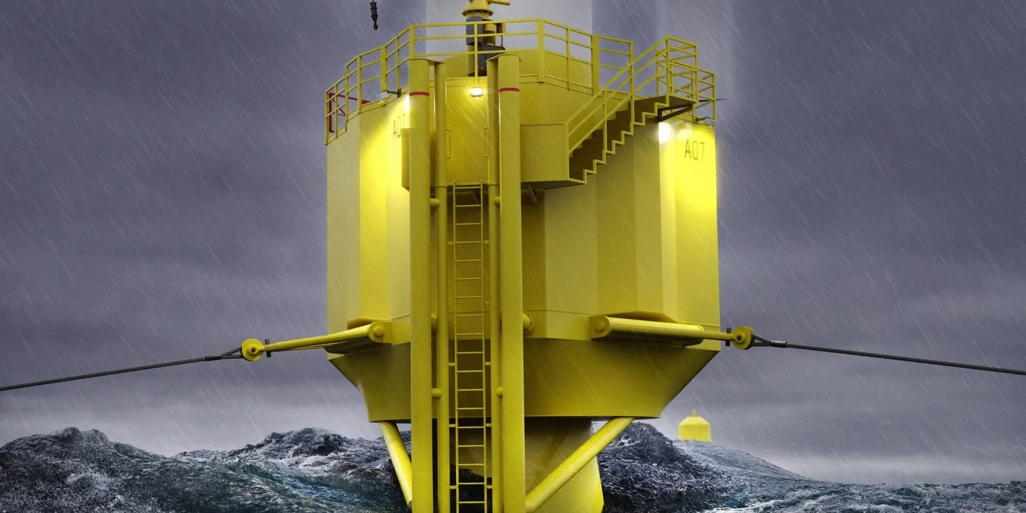 Close-up of the yellow generator house with railings, a ladder and a stairway, in rain and heavy seas