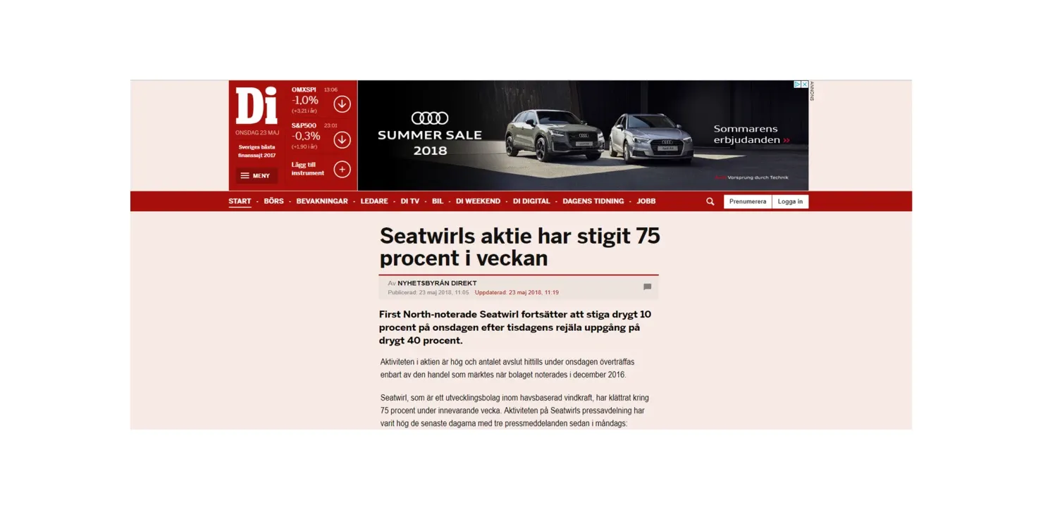 Skärmklipp av Dagens Industris webbplats med rubriken »Seatwirls aktie har stigit 75 procent i veckan«