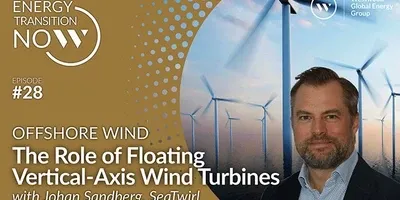 Podcast cover in gold: “Energy Transition Now” episode 28, The Role of Floating Vertical-Axis Wind Turbines with Johan Sandberg, SeaTwirl, with a wind turbine and a portrait