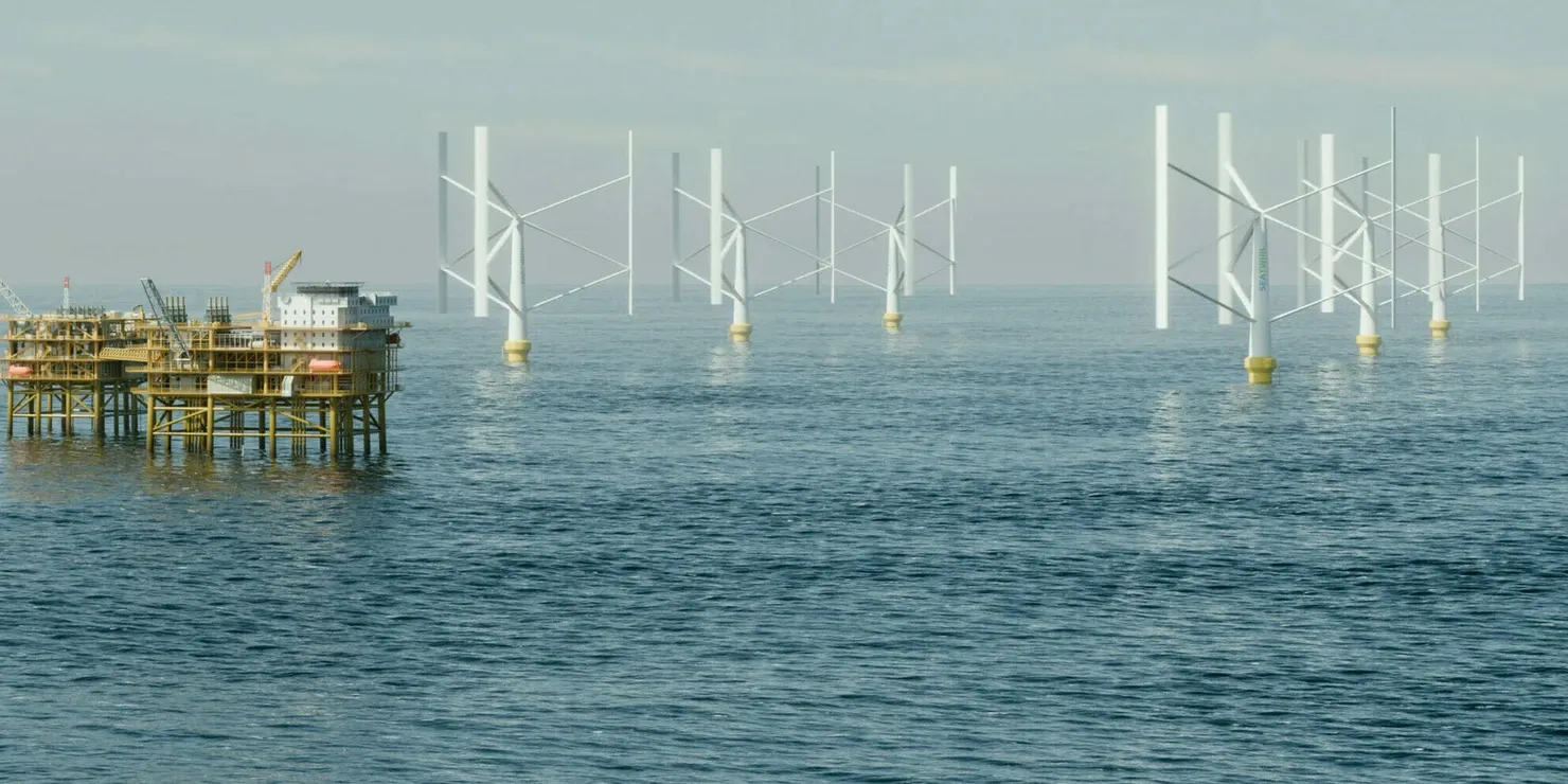 Visualisation of an offshore platform surrounded by six floating vertical-axis wind turbines on a calm sea