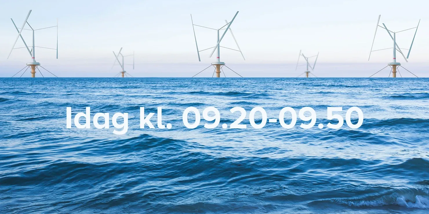 Visualisation of wind turbines on the horizon with the text “Idag kl. 09.20–09.50”