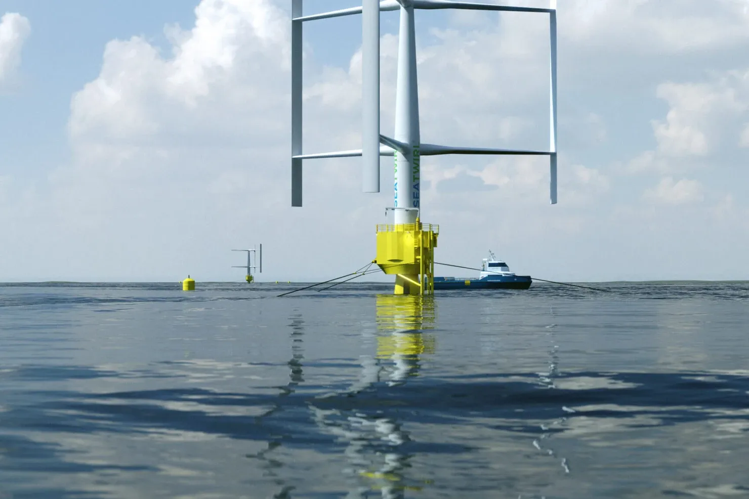 Visualisation of a single floating vertical-axis wind turbine with a yellow floater on the open sea, with a small vessel in the background