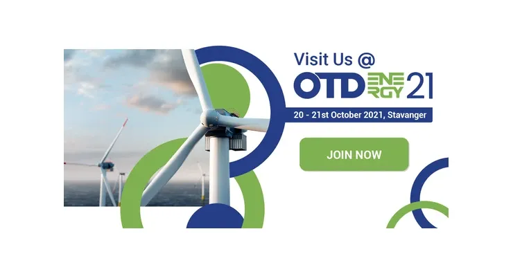 Mässbanner med texten »Visit Us @ OTD Energy 21, 20–21st October 2021, Stavanger« och en knapp märkt Join Now