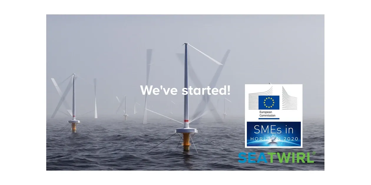 A hazy picture of floating wind turbines with the text “We’ve started!”, the European Commission’s logo, the SMEs in Horizon 2020 mark and SeaTwirl’s logo