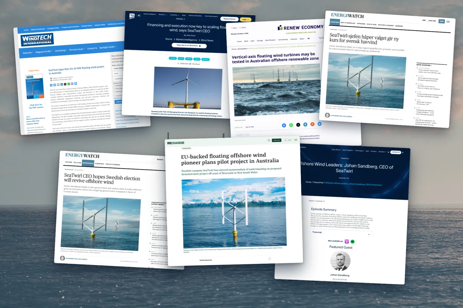 Collage of screenshots from Windtech International, 4C Offshore News, RenewEconomy, Energiwatch, EnergyWatch, Recharge and the TGS podcast Offshore Wind Leaders, each featuring SeaTwirl, against a background of open sea