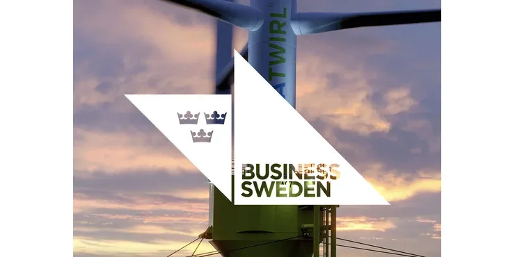 The wind turbine at sunset with Business Sweden’s logo in a white triangle over the picture