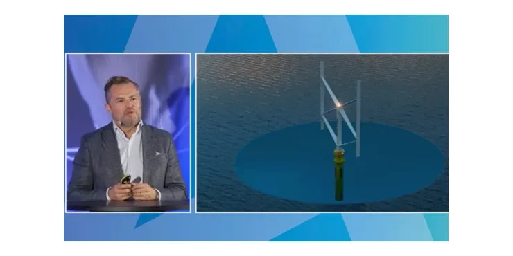 Screenshot from the broadcast: Johan Sandberg on the left and an animation of a floating vertical-axis wind turbine on the right
