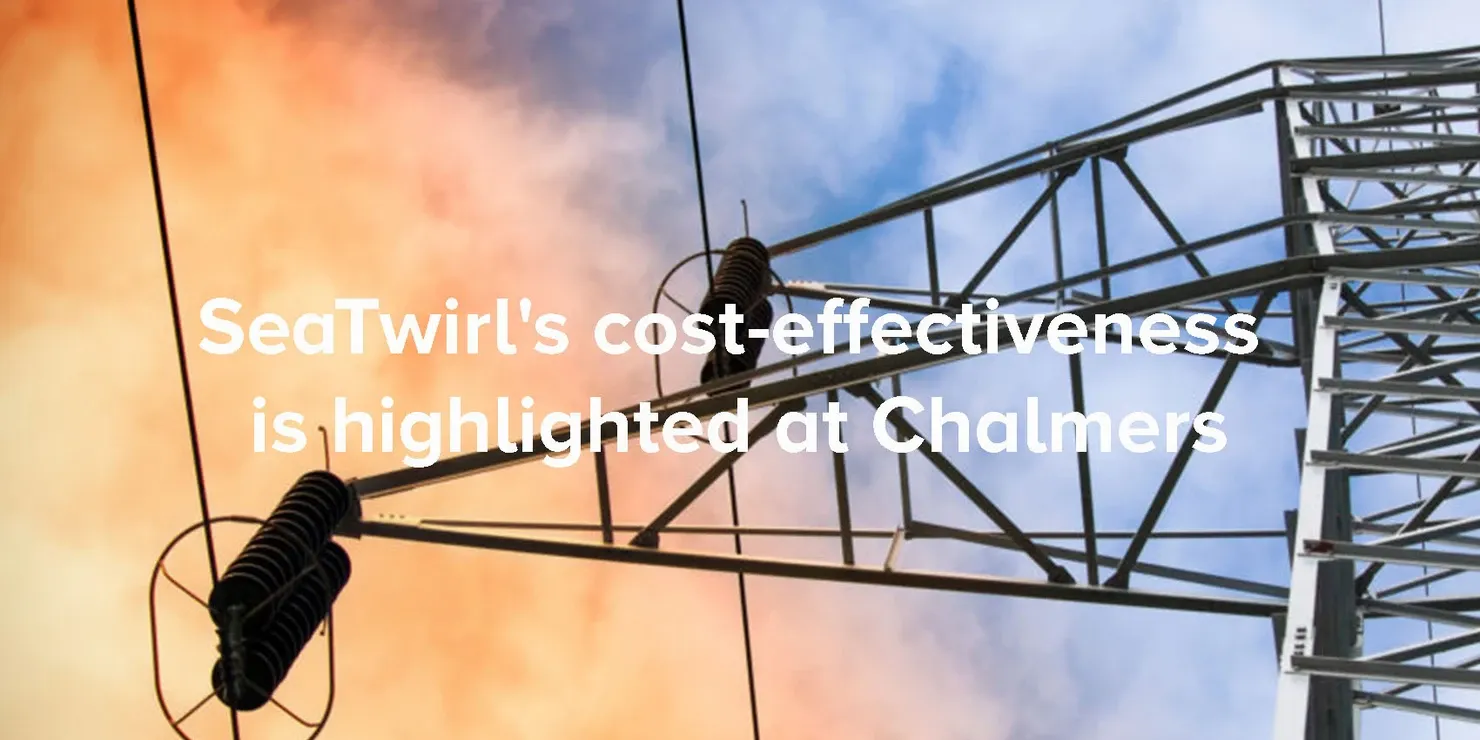En kraftledningsstolpe mot orange himmel med texten »SeaTwirl’s cost-effectiveness is highlighted at Chalmers«