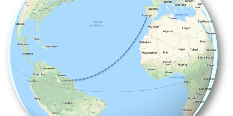 A Google map of the Atlantic with a dashed route from Portugal, past the Canary Islands, towards the coast of South America