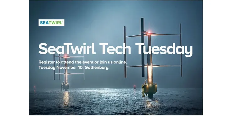 A banner with the text “SeaTwirl Tech Tuesday – Register to attend the event or join us online. Tuesday November 10, Gothenburg” over a night-time picture of wind turbines with warning lights