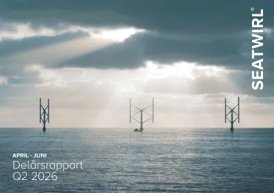 Three vertical-axis wind turbines at sea beneath sunbeams breaking through dark clouds