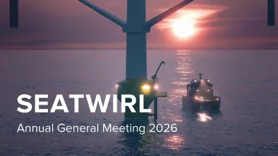 A vertical-axis wind turbine backlit against a setting sun with a service vessel alongside, with the text SeaTwirl Annual General Meeting 2026