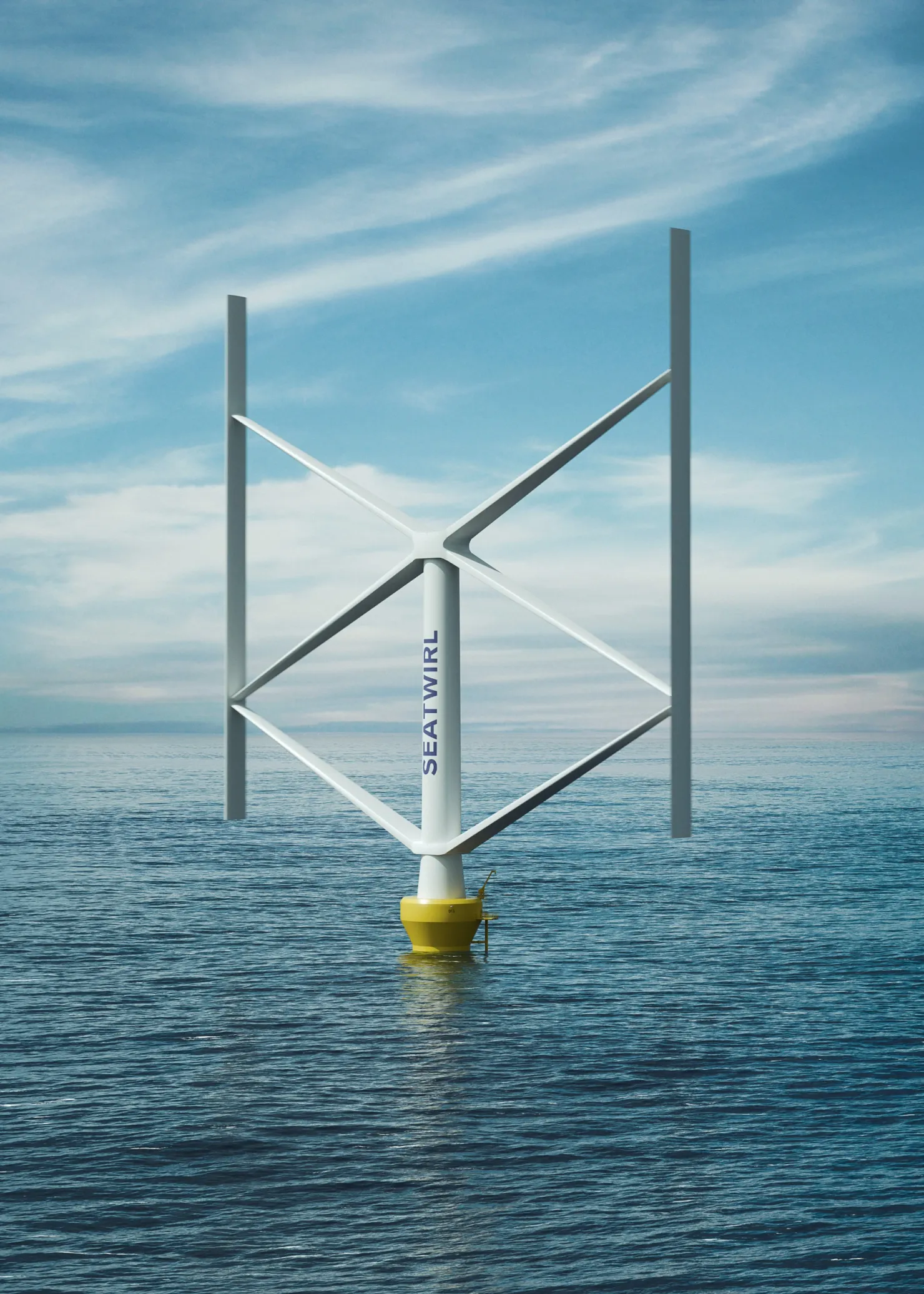 A SeaTwirl wind turbine with a vertical turbine on its yellow floating foundation at sea